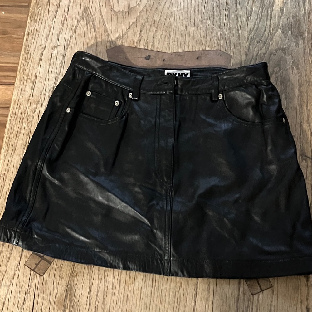DKNY Black Leather Mini Skirt with Front Pocket Details